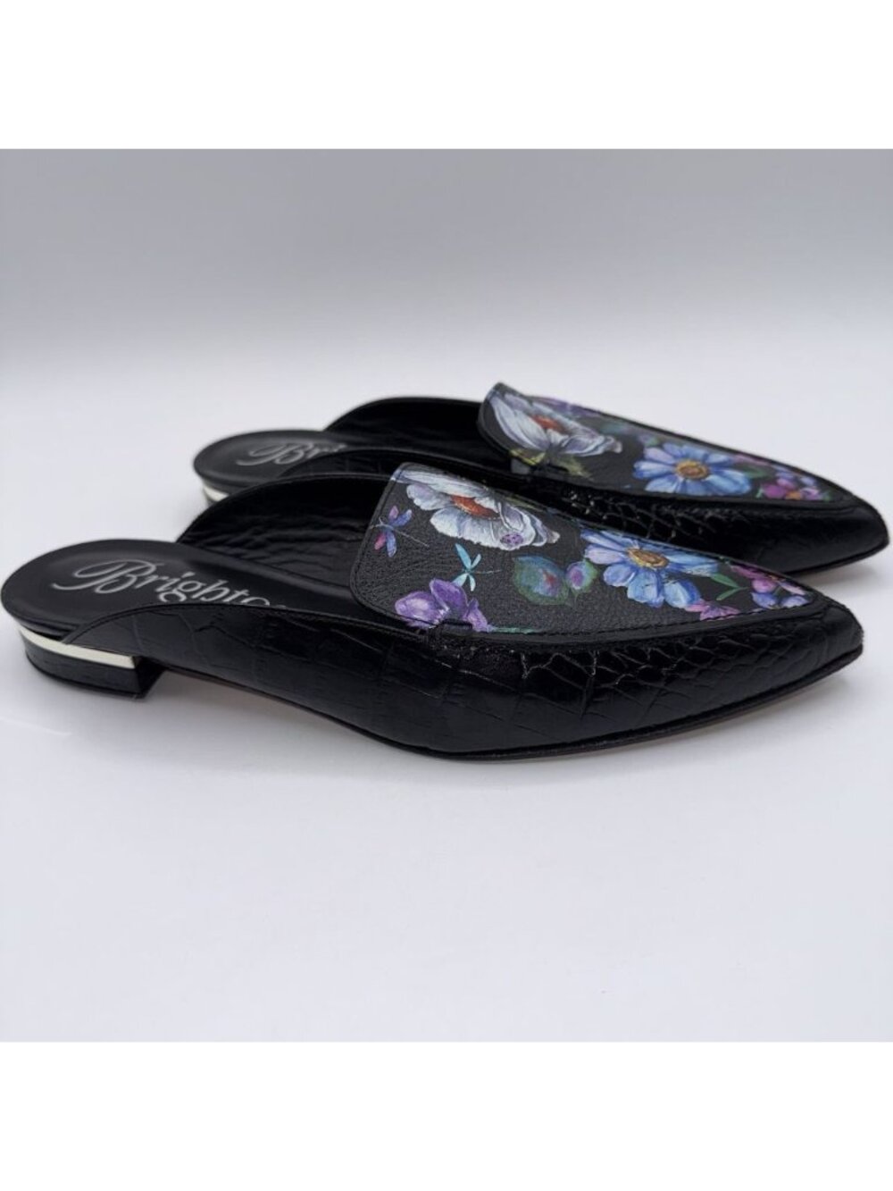 Brighton Floral Everly Mules Croc Embossed Black Low Heel Sz 9 Made In Italy - Picture 5 of 16